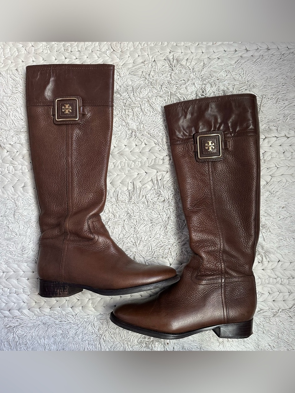 Tory Burch 7 Julian Riding Boots - brown full grain leather with gold detailing